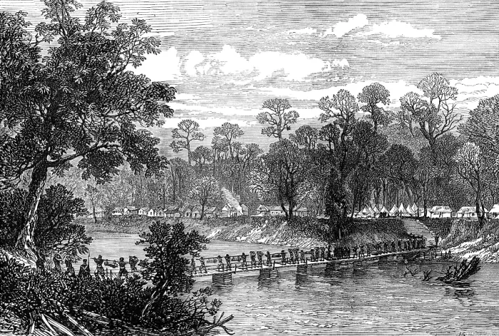 Framed Print : The Ashantee War: the Camp at Prah-Su - native artillery crossing the river... 1874. Creator: Unknown Framed Print : The Ashantee War: the Camp at Prah-Su - native artillery crossing the river... 1874. Creator: Unknown