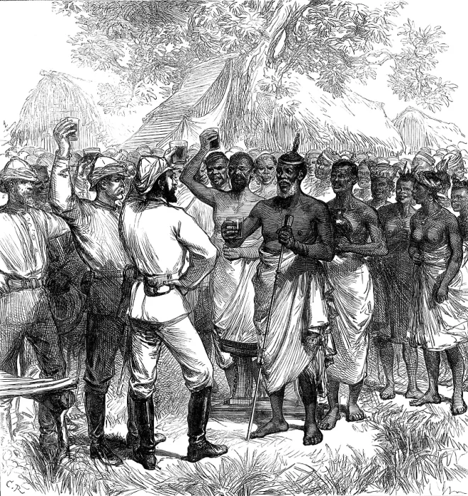 Framed Print : The Ashantee War: drinking the Queen's health in our camp, from a sketch by our special artist, 1874 Creators: Unknown, C Framed Print : The Ashantee War: drinking the Queen's health in our camp, from a sketch by our special artist, 1874 Creators: Unknown, C