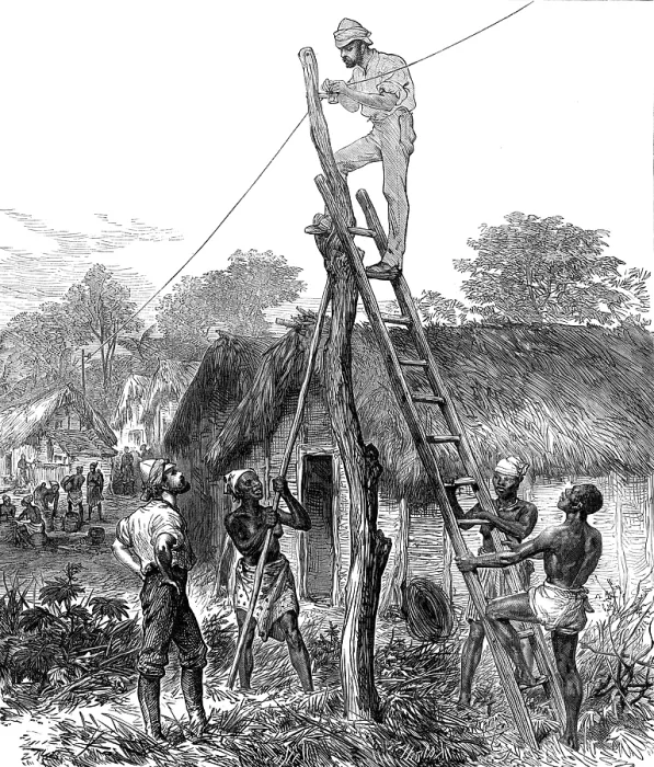 Framed Print : The Ashantee War: fixing telegraph wires...sketch by our special artist, 1874. Creator: Unknown Framed Print : The Ashantee War: fixing telegraph wires...sketch by our special artist, 1874. Creator: Unknown