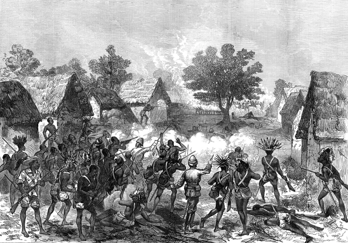 Framed Print : The Ashantee War: Lord Gifford and advance scouts storming a village...by our special artist, 1874. Creator: Unknown Framed Print : The Ashantee War: Lord Gifford and advance scouts storming a village...by our special artist, 1874. Creator: Unknown
