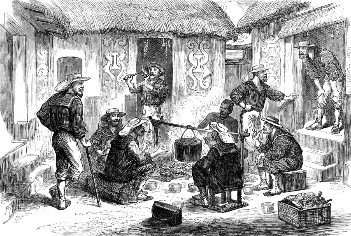 Framed Print : The Ashantee War: Naval Brigade men breakfasting in the courtyard of an Ashantee house, 1874. Creator: Unknown Framed Print : The Ashantee War: Naval Brigade men breakfasting in the courtyard of an Ashantee house, 1874. Creator: Unknown