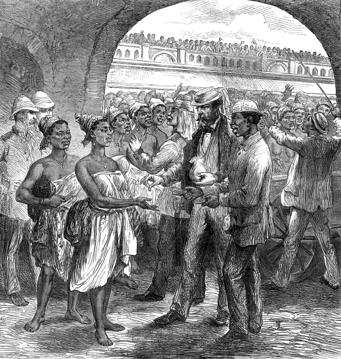 Framed Print : The Ashantee War: paying...Fantee women carriers at Cape Coast Castle...by our special artist, 1874. Creator: Unknown Framed Print : The Ashantee War: paying...Fantee women carriers at Cape Coast Castle...by our special artist, 1874. Creator: Unknown