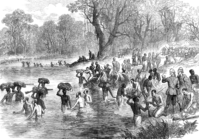 Framed Print : The Ashantee War - the return from Coomassie: crossing a river...sketch by our special artist, 1874. Creator: Unknown Framed Print : The Ashantee War - the return from Coomassie: crossing a river...sketch by our special artist, 1874. Creator: Unknown