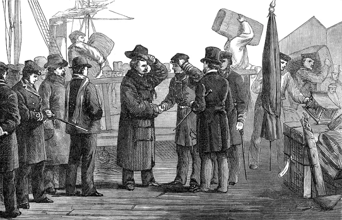 Framed Print : The Ashantee War: the return home - Sir Garnet Wolseley landing at Portsmouth, 1874. Creator: Unknown Framed Print : The Ashantee War: the return home - Sir Garnet Wolseley landing at Portsmouth, 1874. Creator: Unknown
