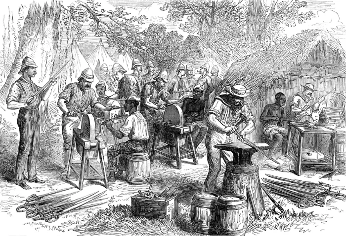Framed Print : The Ashantee War: sharpening cutlasses...at Prah-Su, from a sketch by our special artist, 1874. Creator: Unknown Framed Print : The Ashantee War: sharpening cutlasses...at Prah-Su, from a sketch by our special artist, 1874. Creator: Unknown