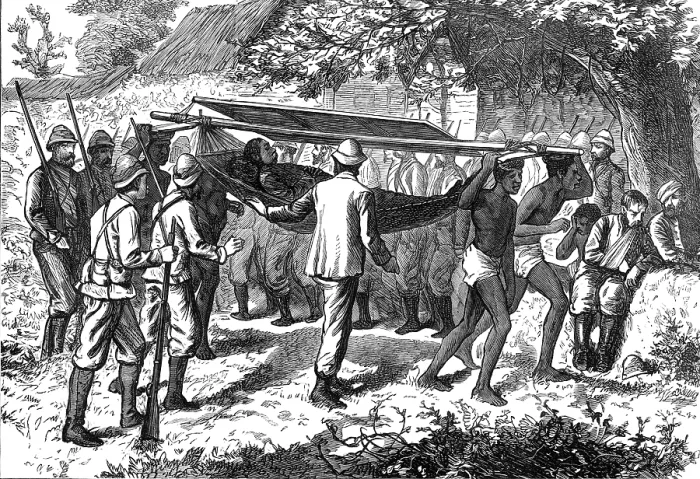Framed Print : The Ashantee War: wounded officer of the 42nd borne from the field by native hammock-men, 1874. Creator: Unknown Framed Print : The Ashantee War: wounded officer of the 42nd borne from the field by native hammock-men, 1874. Creator: Unknown