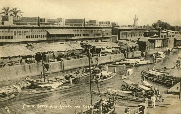 Framed Print : Ashar Creek & Coffee Shops, Basra, c1918-c1939. Creator: Unknown Framed Print : Ashar Creek & Coffee Shops, Basra, c1918-c1939. Creator: Unknown