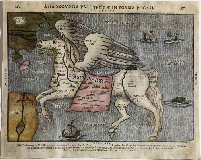 Framed Print : Asia Secunda Pars Terrae in Forma Pegasi (Asia in the Form of Pegasus). Artist: Bunting, Heinrich (1545-1606) Framed Print : Asia Secunda Pars Terrae in Forma Pegasi (Asia in the Form of Pegasus). Artist: Bunting, Heinrich (1545-1606)