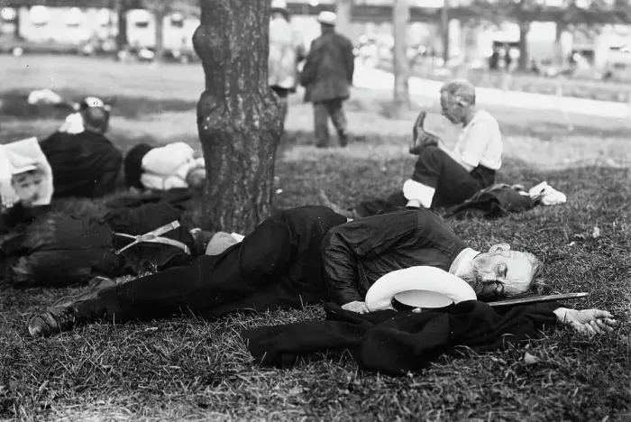 Framed Print : Asleep in Battery Park on hot day, between c1910 and c1915. Creator: Bain News Service Framed Print : Asleep in Battery Park on hot day, between c1910 and c1915. Creator: Bain News Service