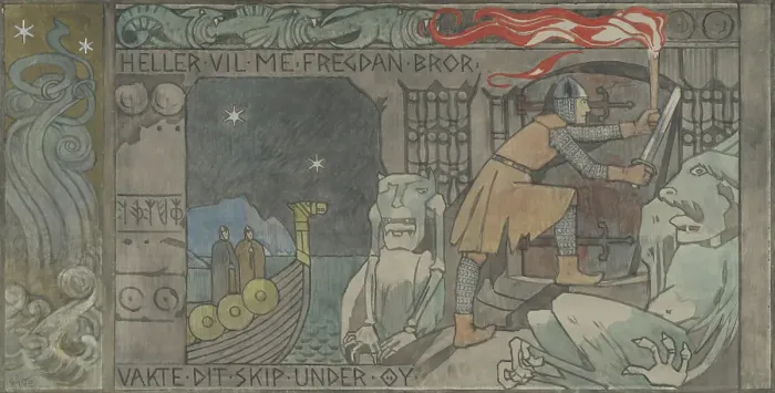 Framed Print : Asmund at the Gate in the Mountain, Between 1902 and 1904. Creator: Gerhard Munthe Framed Print : Asmund at the Gate in the Mountain, Between 1902 and 1904. Creator: Gerhard Munthe