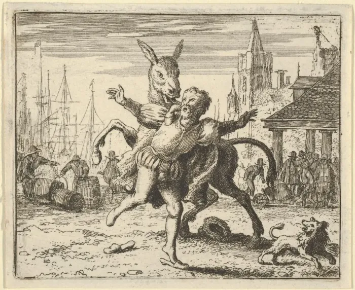 Framed Print : The Ass, Jealous of the Attention the Dog Is Getting From His Master, Looks to Imitate