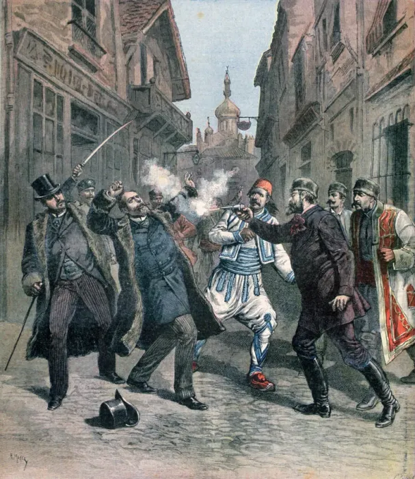 Framed Print : Assasination of M Beltchef in the presence of Mr Stambouloff, Bulgaria, 1891. Artist: Henri Meyer Framed Print : Assasination of M Beltchef in the presence of Mr Stambouloff, Bulgaria, 1891. Artist: Henri Meyer
