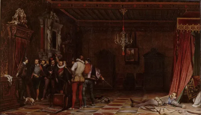 Framed Print : The assassination of the Duke of Guise at the chateau of Blois in 1588, 1834. Artist: Delaroche, Paul Hippolyte (1797-1856) Framed Print : The assassination of the Duke of Guise at the chateau of Blois in 1588, 1834. Artist: Delaroche, Paul Hippolyte (1797-1856)