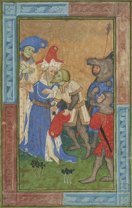 Framed Print : Assassination scene - miniature from a manuscript, about 1420. Creator: Master of Trinity College Ms. B.11.7