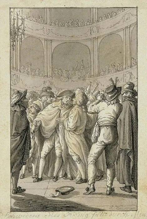 Framed Print : The assassination of the Swedish King Gustav III at the masked ball in the Stockholm Opera. Creator: Chodowiecki, Daniel Nikolaus (1726-1801) Framed Print : The assassination of the Swedish King Gustav III at the masked ball in the Stockholm Opera. Creator: Chodowiecki, Daniel Nikolaus (1726-1801)