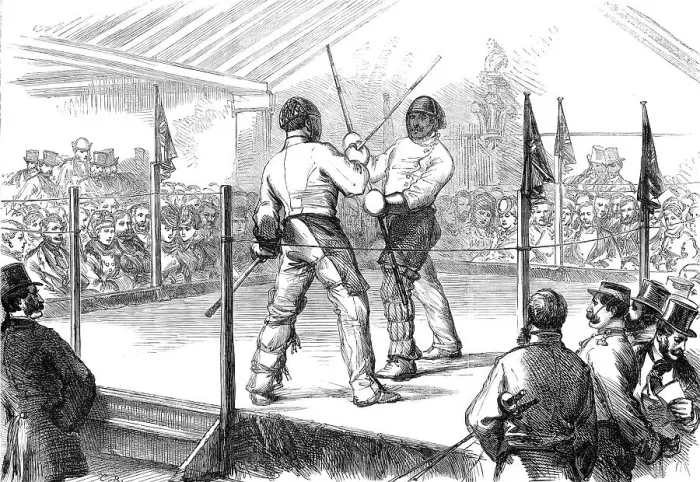 Framed Print : Assault of arms by the Hon. Artillery Athletic Club: quarterstaff, 1870. Creator: Unknown Framed Print : Assault of arms by the Hon. Artillery Athletic Club: quarterstaff, 1870. Creator: Unknown