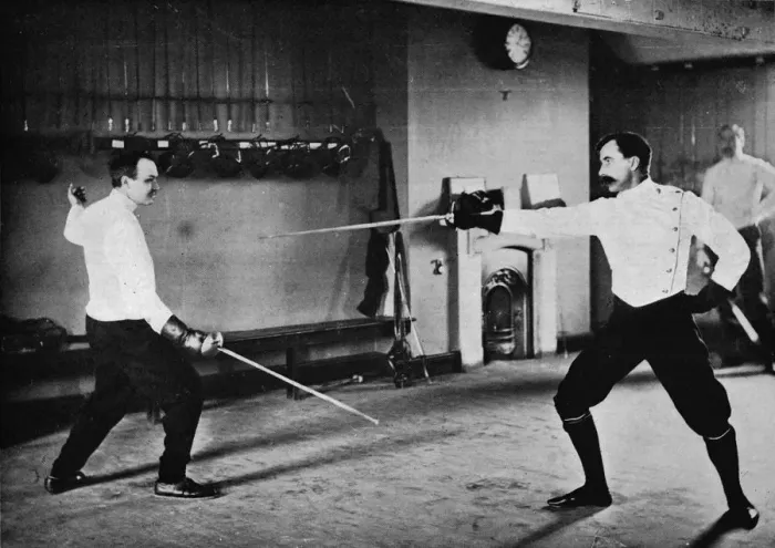 Framed Print : An Assault With the French Duelling Sword, c1900, (1903). Artist: Hills and Saunders Framed Print : An Assault With the French Duelling Sword, c1900, (1903). Artist: Hills and Saunders