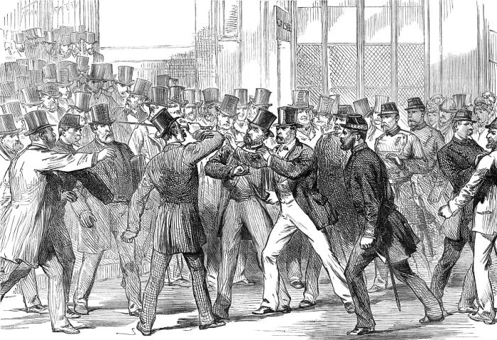 Framed Print : The Assault on M. Gambetta by M. de Sainte-Croix at the Sainte Lazare Station, Paris, 1874. Creator: Unknown Framed Print : The Assault on M. Gambetta by M. de Sainte-Croix at the Sainte Lazare Station, Paris, 1874. Creator: Unknown