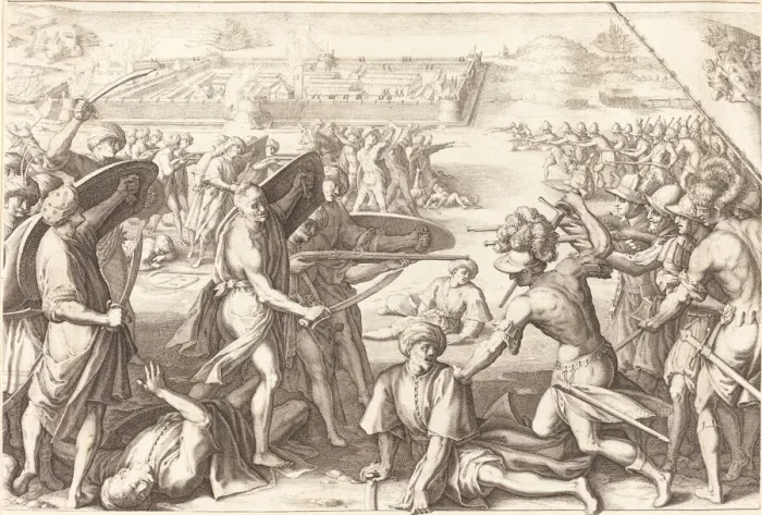 Framed Print : Assault on the Outer Forts of Bone, c. 1614. Creator: Jacques Callot