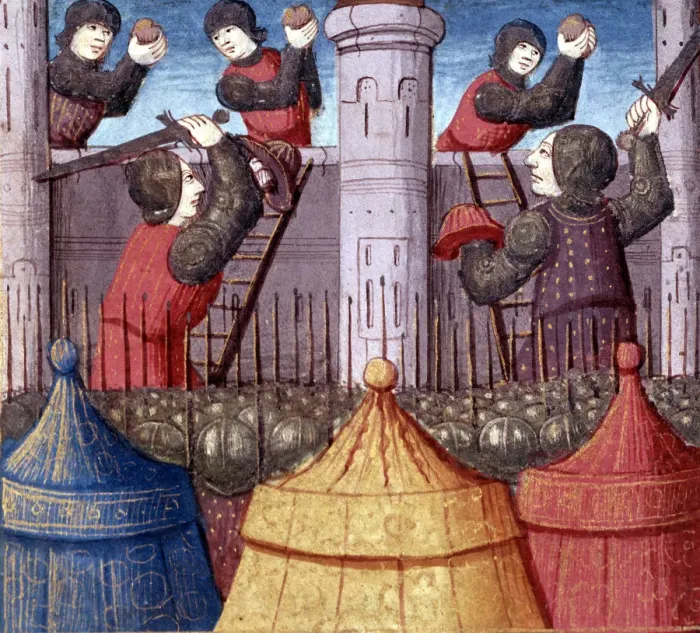 Framed Print : Assault and taking of a castle by the knights of King Arthur, miniature in the incunable Framed Print : Assault and taking of a castle by the knights of King Arthur, miniature in the incunable