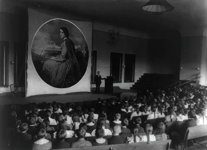 Framed Print : An Assembly in the auditorium for a lecture with slides on art, (1899?). Creator: Frances Benjamin Johnston Framed Print : An Assembly in the auditorium for a lecture with slides on art, (1899?). Creator: Frances Benjamin Johnston