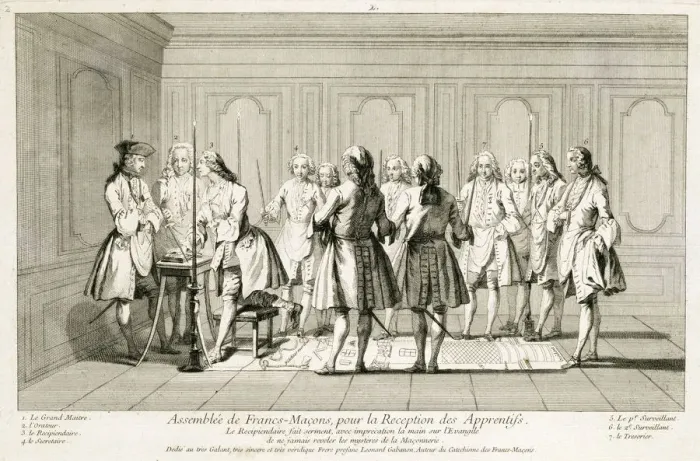 Framed Print : Assembly of Freemasons to initiate an apprentice, c1733 Framed Print : Assembly of Freemasons to initiate an apprentice, c1733