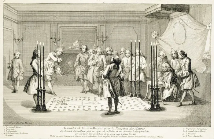 Framed Print : Assembly of Freemasons before the initiation of a master, c1733 Framed Print : Assembly of Freemasons before the initiation of a master, c1733