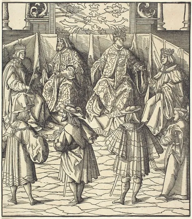 Framed Print : Assembly of Four Kings, in the foreground Four Men, 1514 / 1516. Creator: Leonhard Beck Framed Print : Assembly of Four Kings, in the foreground Four Men, 1514 / 1516. Creator: Leonhard Beck