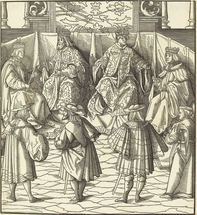 Framed Print : Assembly of Four Kings, in the foreground Four Men, 1514 / 1516. Creator: Leonhard Beck Framed Print : Assembly of Four Kings, in the foreground Four Men, 1514 / 1516. Creator: Leonhard Beck