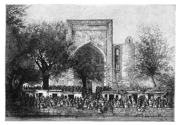 An assembly before the mosque in Bukhara, Uzbekistan, 1895. Artist: Armand Kohl