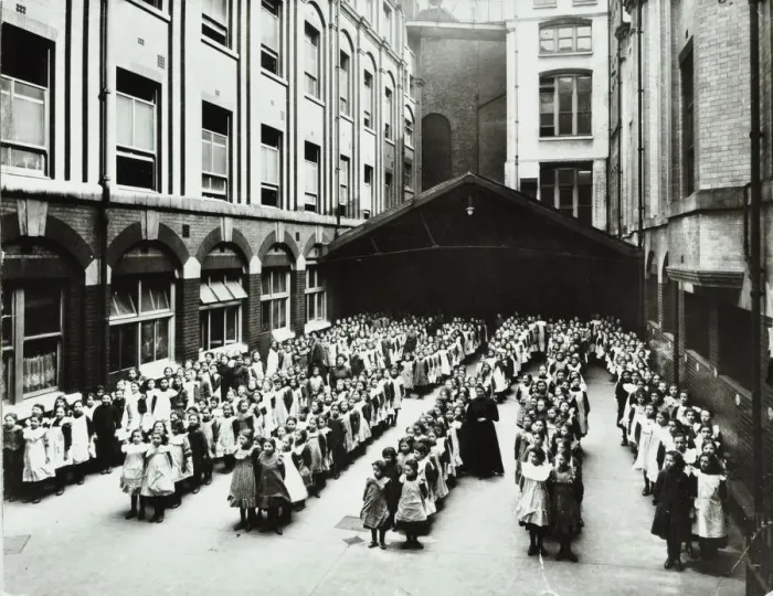 Framed Print : Assembly in the playground, Jews Free School, Stepney, London, 1908 Framed Print : Assembly in the playground, Jews Free School, Stepney, London, 1908