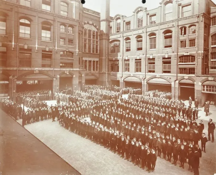 Framed Print : Assembly in the playground, Jews Free School, Stepney, London, 1908 Framed Print : Assembly in the playground, Jews Free School, Stepney, London, 1908