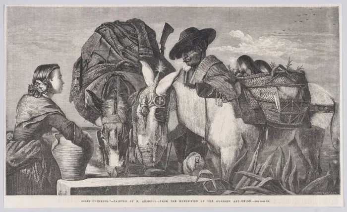 Framed Print : Asses Drinking, from Illustrated London News, March 13, 1858. Creator: Henry Duff Linton