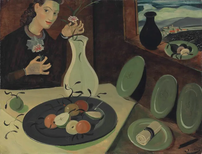 Framed Print : Assiette de fruits et femme disposant des fleurs dans un vase, c1947. Creator: Derain, Andre (1880-1954) Framed Print : Assiette de fruits et femme disposant des fleurs dans un vase, c1947. Creator: Derain, Andre (1880-1954)