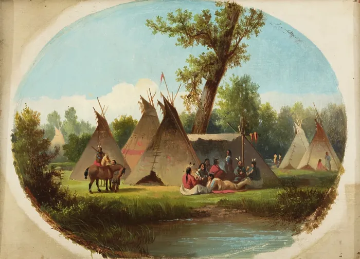 Framed Print : Assiniboin Encampment on the Upper Missouri, between 1860 and 1870. Creator: John Mix Stanley Framed Print : Assiniboin Encampment on the Upper Missouri, between 1860 and 1870. Creator: John Mix Stanley