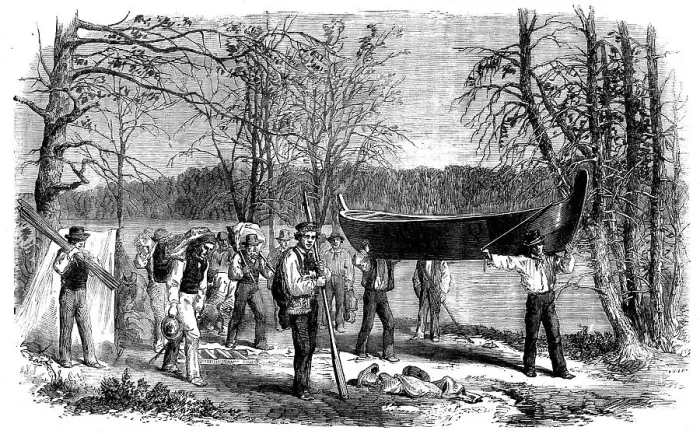 Framed Print : The Assiniboine and Saskatchewan Exploring Expedition - Portaging a Canoe and Baggage, 1858. Creator: Unknown Framed Print : The Assiniboine and Saskatchewan Exploring Expedition - Portaging a Canoe and Baggage, 1858. Creator: Unknown