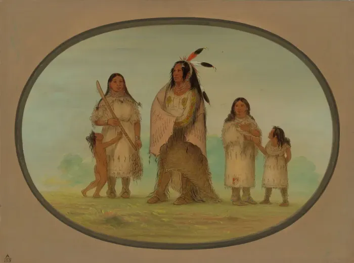 Framed Print : Assinneboine Warrior and His Family, 1861 / 1869. Creator: George Catlin Framed Print : Assinneboine Warrior and His Family, 1861 / 1869. Creator: George Catlin