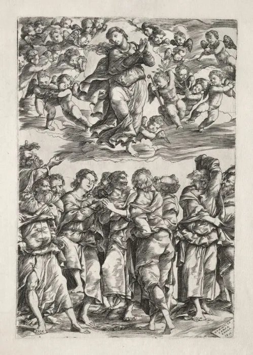 Framed Print : The Assumption of the Virgin, 1517. Creator: Domenico Campagnola (Italian, 1500-1564) Framed Print : The Assumption of the Virgin, 1517. Creator: Domenico Campagnola (Italian, 1500-1564)