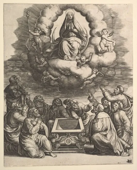 Framed Print : The Assumption of the Virgin, below the apostles surround the tomb, 1530-60 Framed Print : The Assumption of the Virgin, below the apostles surround the tomb, 1530-60