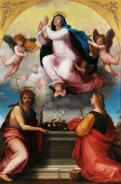 Framed Print : Assumption of the Virgin with Saint John the Baptist and Saint Catherine of Alexandria, c. 1516. Creator: Bartolommeo, Fra (1472-1517)