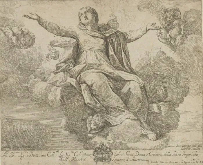 Framed Print : The Assumption of the Virgin, who is seated in the clouds with arms outstretched, ang Framed Print : The Assumption of the Virgin, who is seated in the clouds with arms outstretched, ang