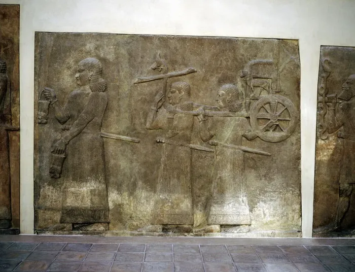 Framed Print : Assyrian relief showing servants carrying the Kings chariot, Khorsabad, c8th century BC Framed Print : Assyrian relief showing servants carrying the Kings chariot, Khorsabad, c8th century BC
