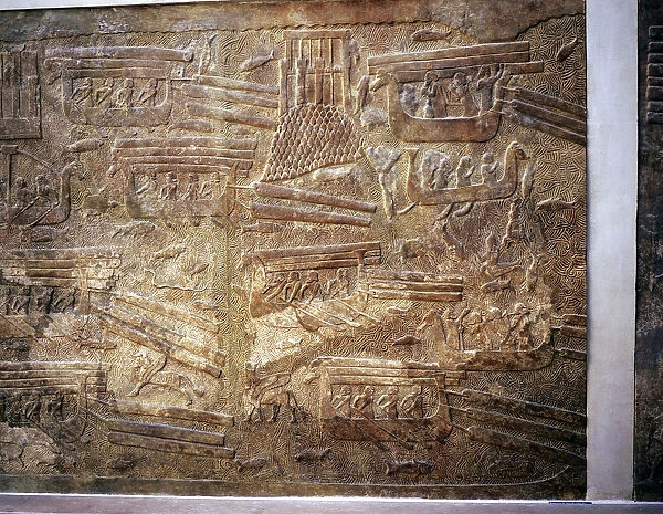 Assyrian relief showing transport of timber from Lebanon by water, Khorsabad, c8th century BC