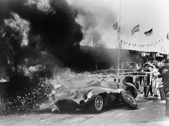 Framed Print : Aston Martin DBR1 on fire, Goodwood, Sussex, 1959 Framed Print : Aston Martin DBR1 on fire, Goodwood, Sussex, 1959