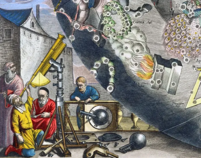 Framed Print : Astonomers looking through a telescope, 1660-1661. Artist: Andreas Cellarius Framed Print : Astonomers looking through a telescope, 1660-1661. Artist: Andreas Cellarius