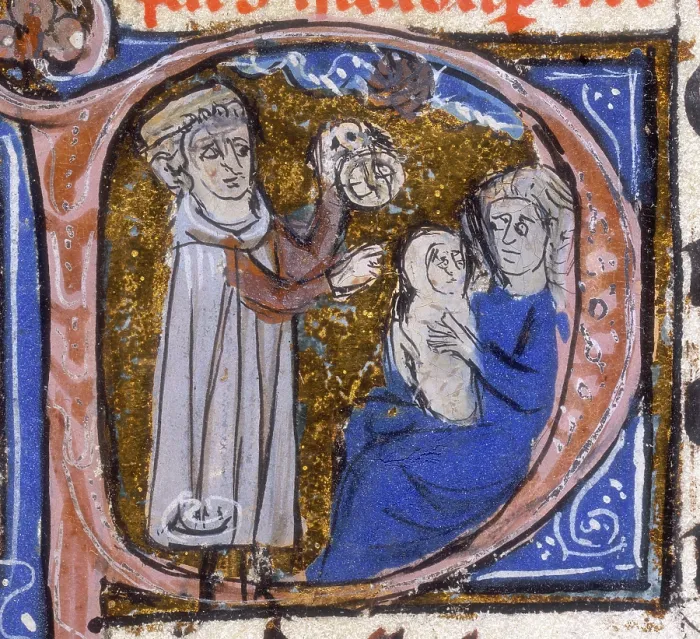 Framed Print : An astrologer discusses a child's horoscope with its mother, early 14th century Framed Print : An astrologer discusses a child's horoscope with its mother, early 14th century