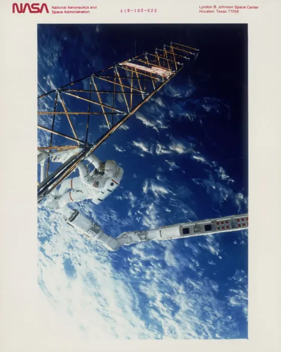 Framed Print : Astronaut on EVA from the Space Shuttle Atlantis, 1985 Framed Print : Astronaut on EVA from the Space Shuttle Atlantis, 1985