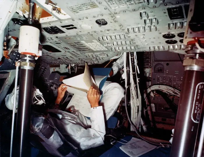Framed Print : An astronaut inside a NASA Command Module, 1970s. Artist: NASA Framed Print : An astronaut inside a NASA Command Module, 1970s. Artist: NASA