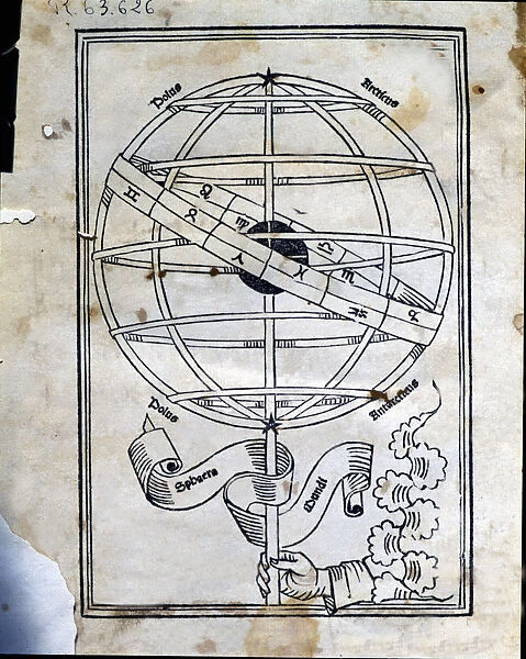 Astronomicon, cover of the work with an armillary sphere, published in Venice in 1485