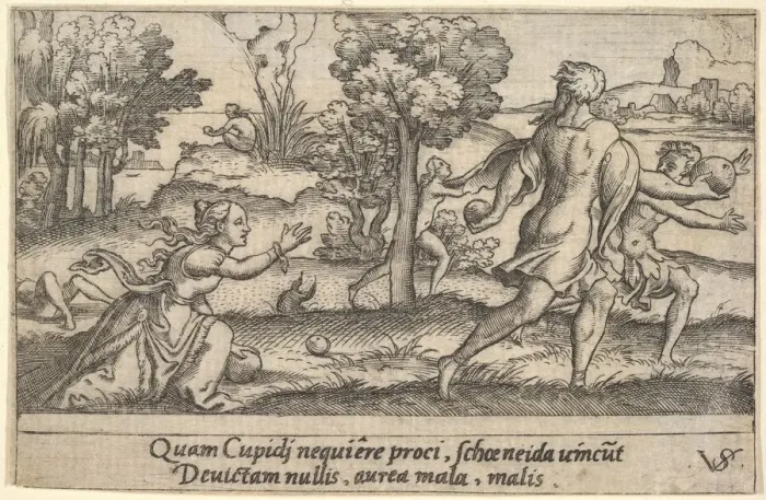 Framed Print : Atalanta and Hippomenes, in the foreground Atalanta kneeling to pick up an apple an Framed Print : Atalanta and Hippomenes, in the foreground Atalanta kneeling to pick up an apple an